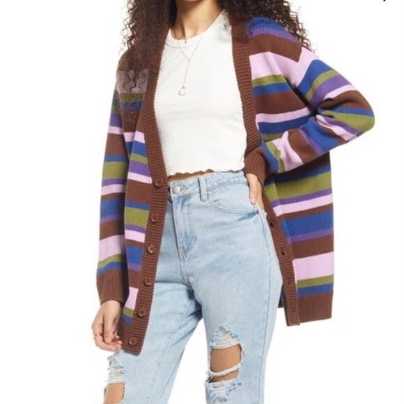 NEW Nordstrom BP Striped Oversize Cardigan Sweater Rust Pink Green Size S - Picture 1 of 13